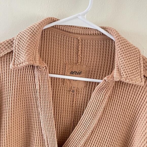 Aerie Waffle Knit Womens Small Tan Long Sleeve V-Neck Relaxed Fit Thermal Top - Picture 5 of 9